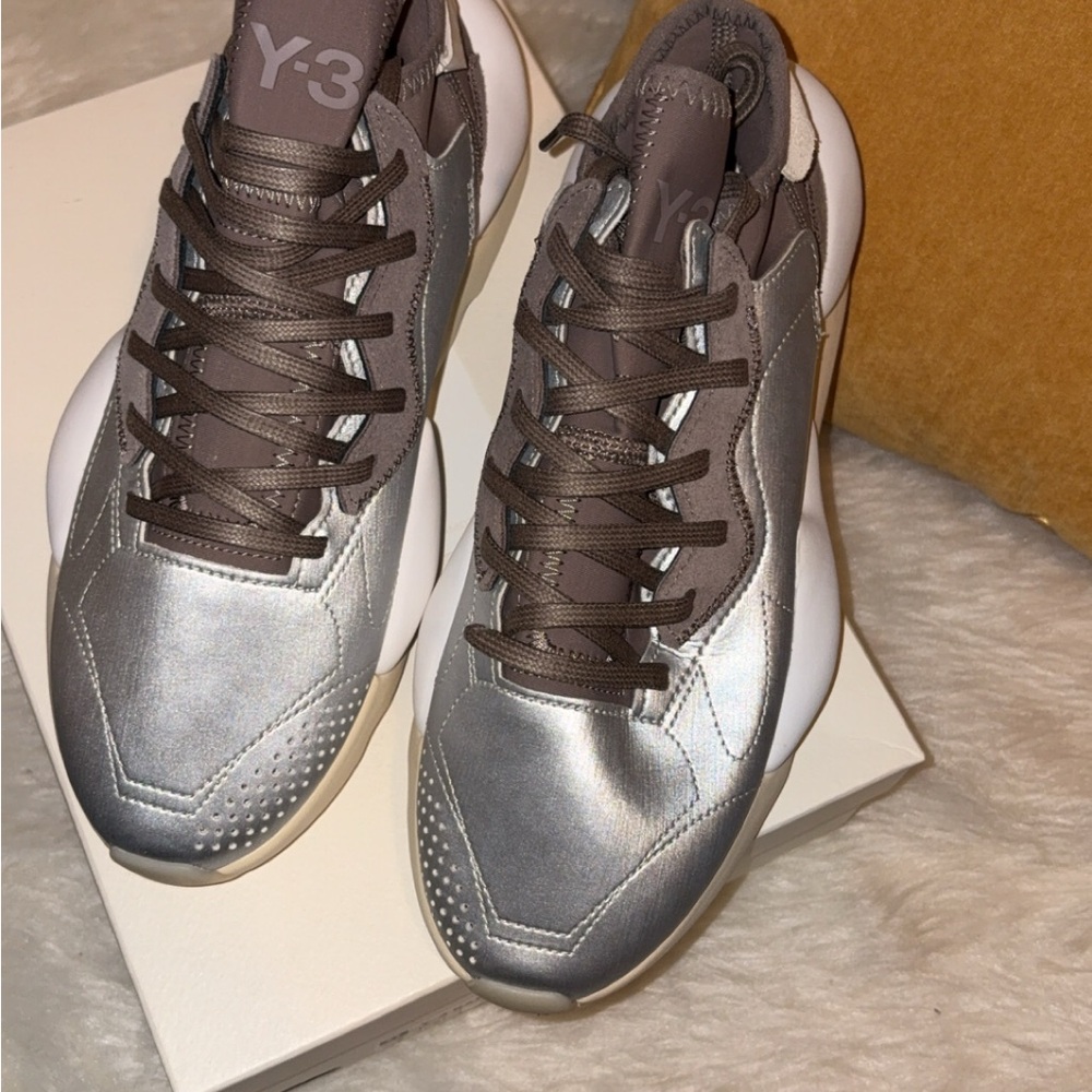 Y-3 Metallic Silver and Chocolate Brown Sneakers